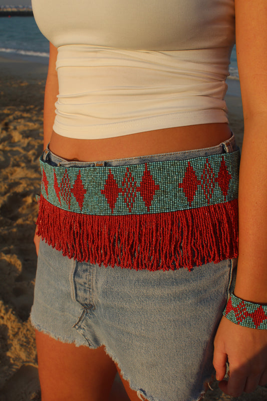 The Mirage Fringe Belt in Coral and Turquoise