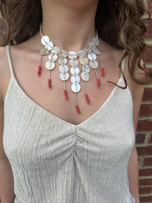 The Mother of Pearl Necklace in Coral