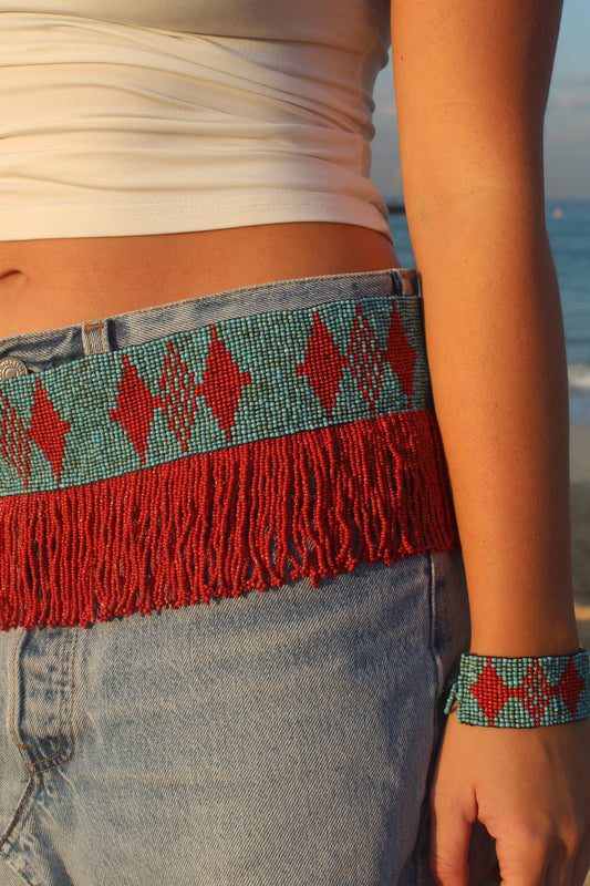 The Mirage Fringe Belt in Coral and Turquoise
